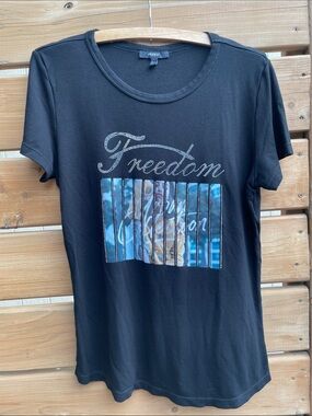 Studio  F Black Short Sleeve T with Blue Photo-Strip Accent and 'Freedom' Script